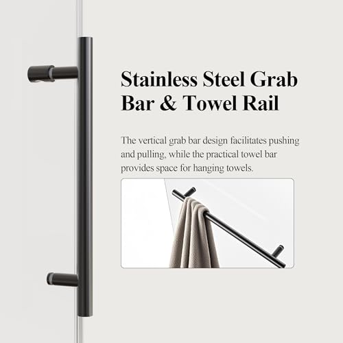 Image of 56-60 inch W x 76 inch H Frameless Single Sliding Shower Door, Bathroom Glass Shower Doors with 5 /16 inch (8mm) SGCC Tempered Glass, Stainless Steel Towel Rail Handle and Heavy Duty Frame, Matte Black