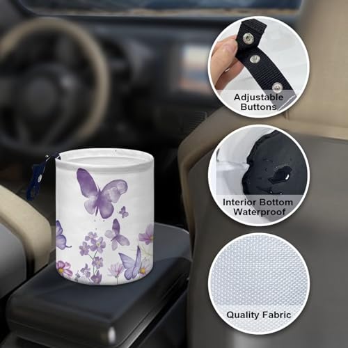 Image of Collapsible Purple Butterfly Flower Accessories Trash Can Car Trash Bin Car Trash Can Bags Universal Garbage Bin Decoration Car Interior for Car SUV Trucks