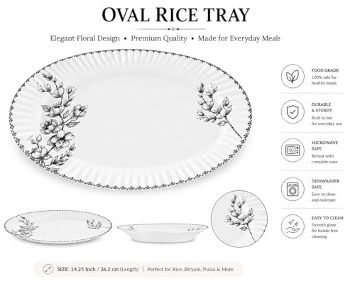 Image of Melvio By Malti Oval Rice Tray for Dining & Serving | Premium Melamine Serving Platter with Elegant Floral Design | Dishwasher Safe Rice Plate for Biryani, Pulao | White, 14.25 Inch