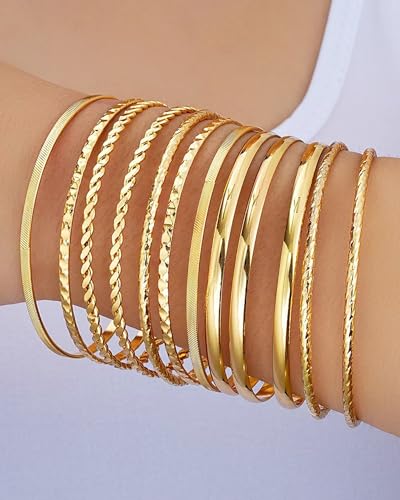 12 Pcs Indian Bangles for Women Vintage Stackable 14k Gold Plated Indian Bangle Bracelets Adjustable Minimalist Textured Gold Brac-elets Wedding Party Prom Jewelry Gifts2