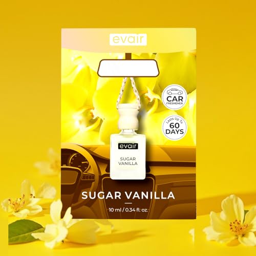 Image of Evair Sugar Vanilla Car Air Freshener | Hanging Car Perfume with Essential Oils | Long-Lasting Aroma in Glass Bottle with Wooden Diffuser Lid | 10ml Hanging Car Scent (Pack of 1)