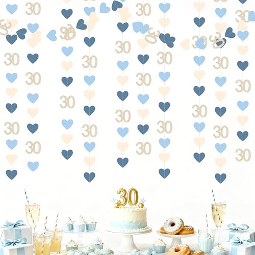 Image of Champagne Gold Blue 30th Birthday Decorations Champagne Gold Dusty Blue Heart Garland Streamer Banner Backdrop for Women Happy 30th Birthday Dirty Thirty Cheers to 30 Years Anniversary Party Supplies