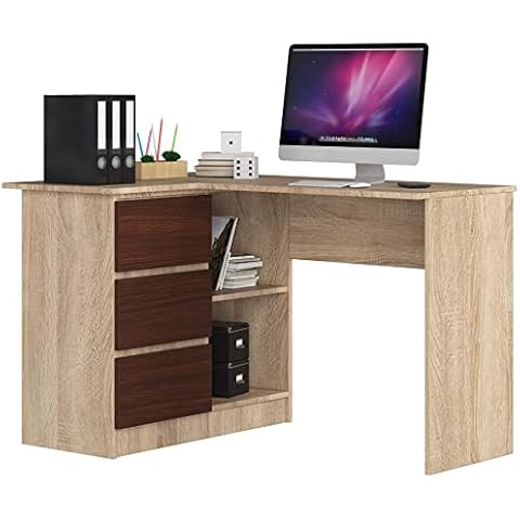 AKORD Eck-Schreibtisch B-16 mit 3 Schubladen und 2 Ablagen | Schreibtisch | ecktisch | Eck Schreibtisch für Home Office | Einfache Montage | B124 x H77 x T85, 48 kg Sonoma Eiche/Wenge Cover