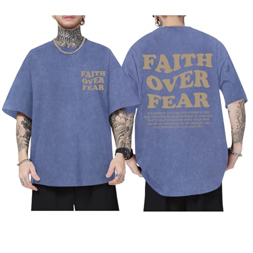 Image of Christian Shirts for Men Faith Over Fear Oversized Shirt Acid Wash Tshirt Graphic Religious T Shirt Bible Verse Tees