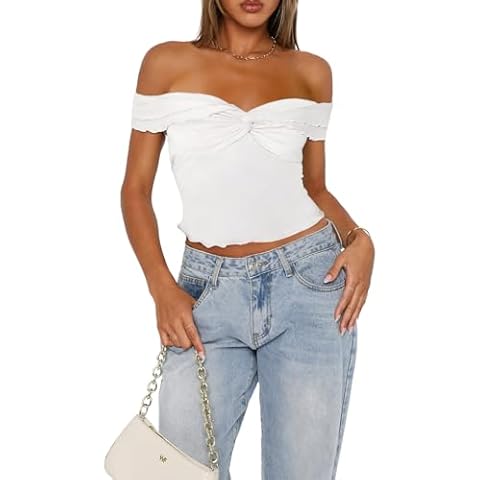 Goafuliy Off Shoulder Crop Tops for Women, Sweetheart Neck Twist Front Ruffles Blouses Y2K Going Out Shirts White XS Cover