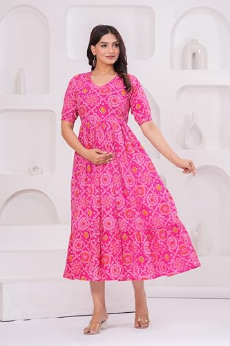 Image of Stylish Women's Pure Cotton All Over Printed Kurti Gown, Maternity Dress, and Feeding Dress - Comfortable and Elegant Maternity Wear for Women