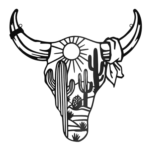 Image of PRESSINART Cow Skull Metal Wall Art Southwestern Metal Wall Sculptures 11.8 x 11.8 Inch Black Rustic Silhouette Indoor Hanging Ornaments for Garden Patio Bedroom Kitchen Living Room Decoration