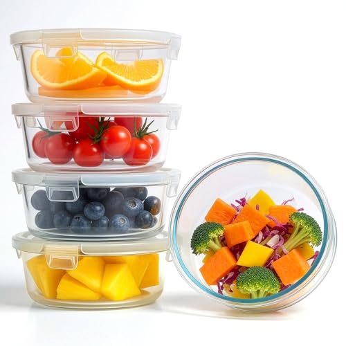 GreenWhim 5 Packs Glass Food Storage Containers with Lids Airtight 950ml 32oz Round Meal Prep Container Box Clip-Lock Bowl Set for Lunch Fridge Storage Leftovers Salads Box Oven Safe BPA-Free