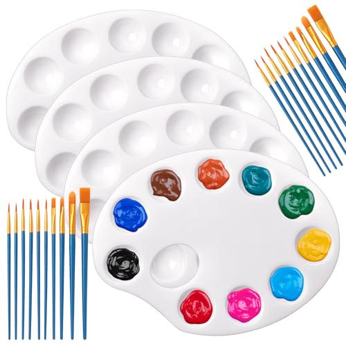 Paleta de pintura de 4 peças, paleta de mistura com aderência de polegar e 20 pincéis, paleta de pintura, palhetas de aguarela com 10 campos de mistura, para aguarela, óleo e acrílico