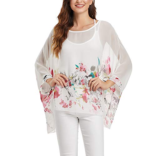 Image of Ckikiou Plus Size Batwing Flowy Semi Sheer Chiffon Blouse Tunic for Women Summer Floral Print Boho Beach Cover ups