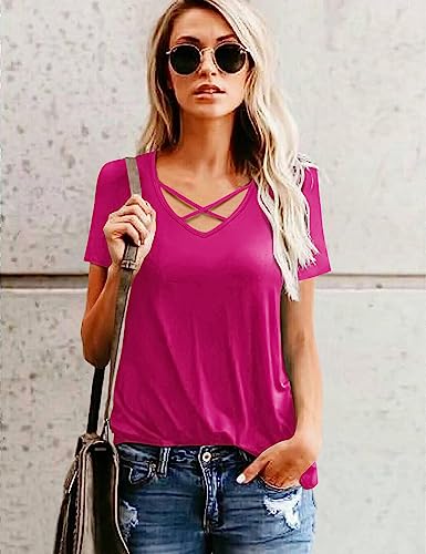 Amoretu Womens V Neck T Shirts Sexy Criss Cross Tops Loose Tee Blouse Hot Pink S #TOP2