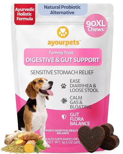 Ayourpets Dog Digestive Chews for Diarrhea, Loose Stool & Sensitive Stomachs – Herbal Gut Support with Ginger, Fennel & Turmeric – Pork Flavor – 90 Count