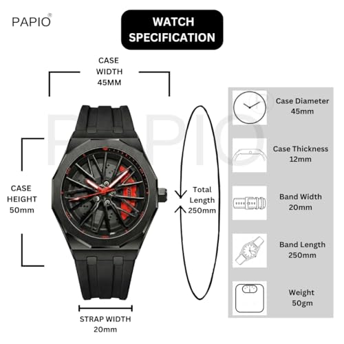 Image of PAPIO Men's Sports Analog Watch with Wheel Design Dial | Metal Case | Silicone Strap | Stylish Casual Watch for Men