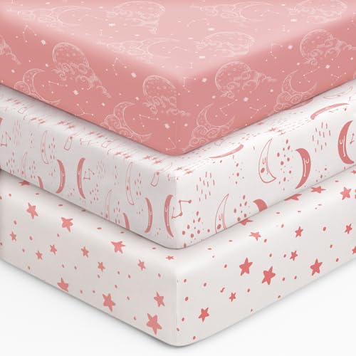 Image of Unnivoll Baby Crib Sheets for Boys Girls, 28x52x8in Fitted Crib Sheet Neutral 3 Pack for Standard Crib and Toddler Mattress, Breathable Soft Microfiber Baby Sheet Pink White Moon
