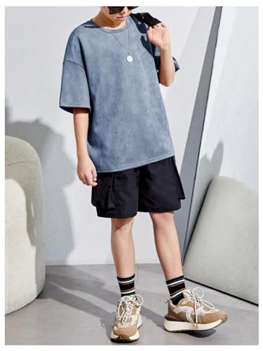 OYOANGLE Boy's Short Sleeve Round Neck Drop Shoulder Loose Fit T Shirt Oversized Solid Casual Tee Top4