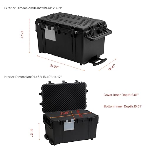 Image of MEIJIA Rolling Waterproof Hard Protective Case, Hard Camera Case with Retractable Pull Handle and Wheels,Customizable Fit Foam Inserted,Black,31.02X19.41X17.71inches