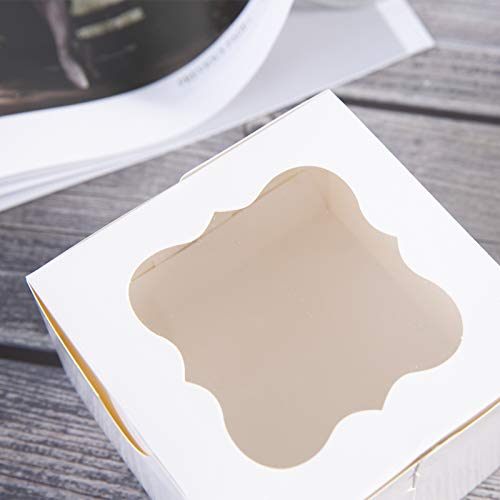 25 Pack White Bakery Box with Window 4x4x2.5 inch Eco-Friendly Paper Board Cardboard Gift Packaging Boxes for Pastries, Cookies, Small Cakes, Pie, Cupcakes (White, 25)