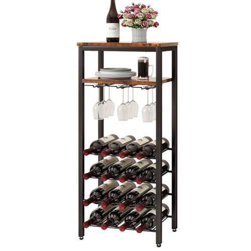 IBUYKE Estante de Vino para 16 Botellas,Botellero Vino con Soporte de Vidrio,Soporte para Botellas,Mini Mueble Bar de Vino para Sala de Cocina, Bar, Comedor,Estar,Marron Rustico,TMJ907H