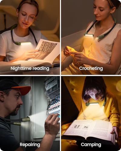Image of Glocusent Bendable Neck Light, 100 Hours Reading Light for Book Lover Gifts | Hands-Free, Knitting, Crafting, Repairing, 5-Color, Stepless Dimming, Ergonomic, Rechargeable, Eye Care, Sleep Aid, Traveling