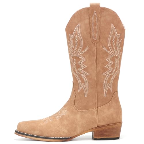 Image of IUV Cowboy Boots for Women Mid Calf Pull-On Cowgirl Boots | Wide Calf Ponited-Toe Western Boots