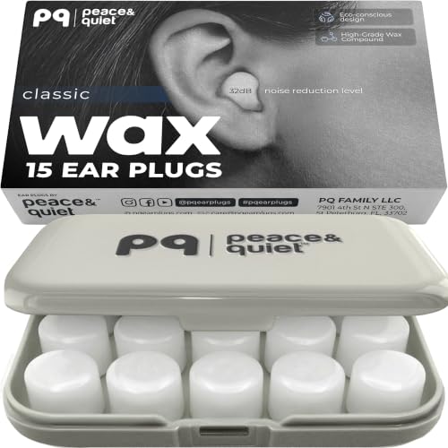 Peace&Quiet PQ Wax Ear Plugs for Sleeping, Swimming - 15 Soft Noise Cancelling Silicone Gel Wax Earplugs for Sleep and Swimmers, Ear Protection with Sound Blocking Level of 32 Db, (15-Pillows)
