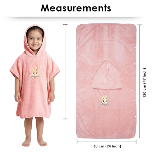 Image of Story@Home Poncho Towel for Kids with Hood | Quick Dry Kids Towel | Soft Lightweight Baby Wrap for Beach 300 GSM 120 X 60CM Pool Towel for Boys & Girls |Kids microfiber towels for bath -Peach - Rabbit