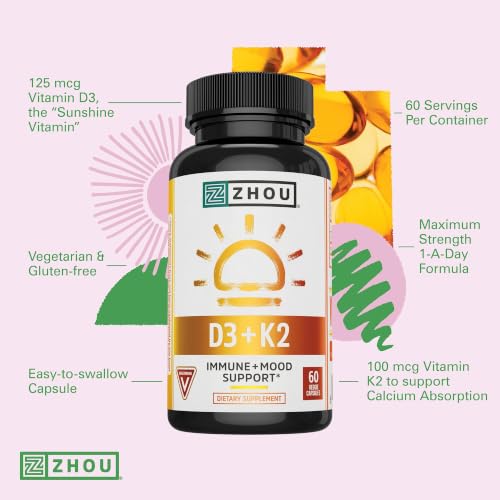 Image of Zhou D3+K2 Supplement - 60 Veggie Capsules (Pack of 1) | Vitamin D3 K2 Supplement for Women & Men, Immune Support Vit D3 and K2 Supplements