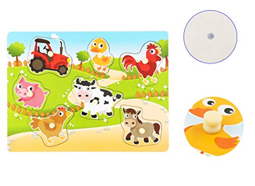 Wooden Puzzles Farm Chunky Baby Puzzles Peg Board, Full-Color Pictures For Preschool Educational Jigsaw Puzzles, 7Pieces #TOP4