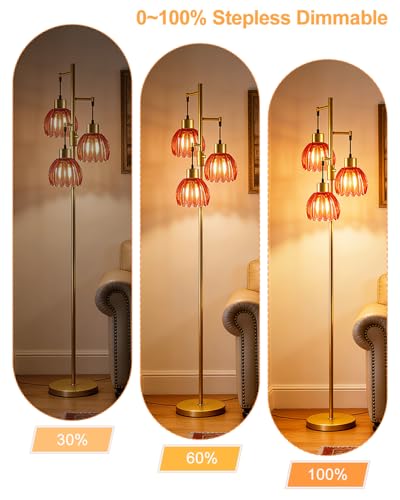 Image of Lightdot 65'' Glass Floor Lamp Dimmable Gold with Deep Red Lotus Glass Shade & 3000K Bulbs Included 3-Lights Modern Tall Standing Lamp with 5Lbs Heavy Base for Living Room /Bedroom /Sofa /Corner Decor