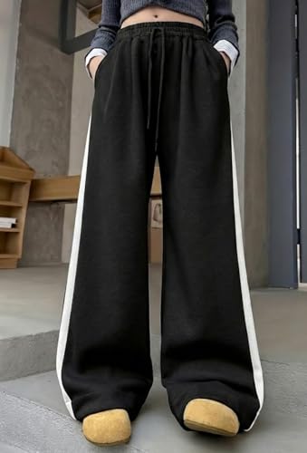 Image of dockstreet Straight Long Length Trouser Style Drawstring Contrast Belt Black and White Trackpant for Women /Trending, Relaxed Casual Lowers for Women