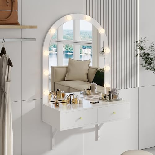 SSLine Modern Salon Station with Mirror and Light Wall Mounted Styling Sation for Hair Stylist Barber Shop Beauty Spa Dressing Table with 2 Drawers, Power Outlet and Tool Insert Holes (White)