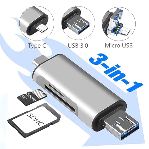 Image of Card Reader 3-in-1 SD, Micro SD, SDXC, SDHC, Micro SDHC, Micro SDXC Memory Card Reader for MacBook PC Tablets Smartphones