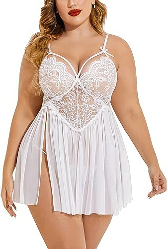 Image of Plus Size Lingerie Lace Babydoll Womens Strap Chemise Nightgown V Neck Nighty Mesh Sleepwear Side Slit Nightdress with G-Sting Panty