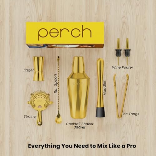 Image of O' Holic by Perch Craft 8-Piece Stainless Steel Bartender Kit|Premium Cocktail Shaker Set with Jigger 30 /60ml, Spoon,Pourer,Ice Tong, & Bar Tools|Professional Bar Set for Home &Tour Parties|Golden