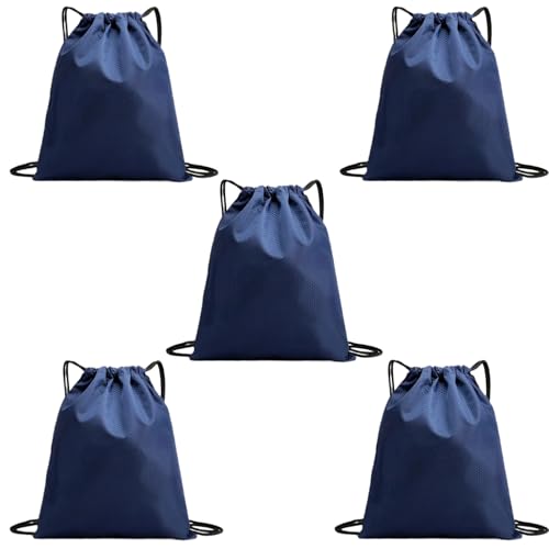 Image of 5-Pack Waterproof Drawstring Backpacks, Soccer-Texture Oxford Fabric, 16.9 inch x 13.8 inch, Lightweight 0.20 lb Each, No Eyelets, Gym & Marathon Gear Sacks(Navy Blue)