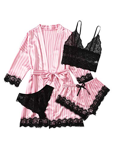 SheIn Women's Lace Satin Pajama Lingerie Robe Set Cami Top and Shorts with Panty Pink X-Large