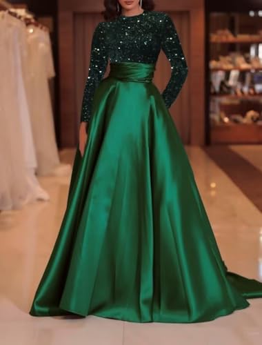 Long Sleeve Prom Dresses for Women Sequin Satin Ball Gown Formal Dress Evening Gowns with Pocket4