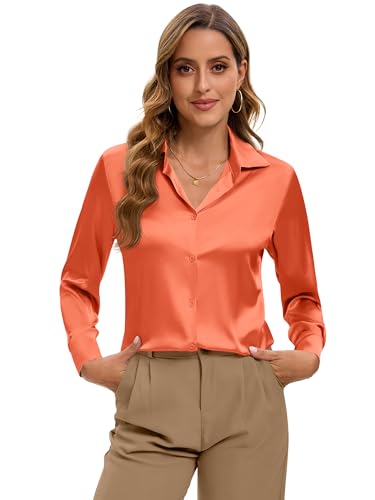 Image of Premium Soft Breathable Stretch Satin Silk Button Down Shirts for Women Long Sleeve Leopard Blouses Work Dress Tops