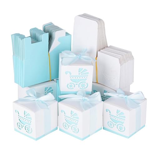 Boîte à bonbons poussette bleue en papier VALICLUD pour baptême et fête | Lot de 50 pièces