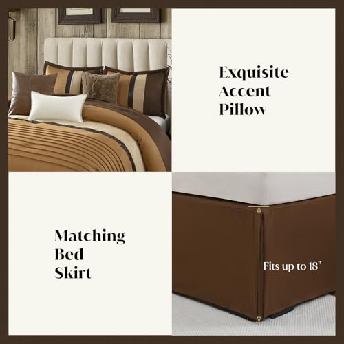 CozyDH Brown King Comforter Set - Luxury 7 Piece Faux Suede Bed in a Bag, Farmhouse Rustic Stripe & Pleated Pieced Design, All Season Down Alternative Bedding with Bed Skirt, Shams, Decor Pillows by CozyDH - Image 6