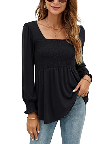 LOMON Blouses for Women Puff Long Sleeve Shirts Square Neck Casual Smocked Tunic Tops 2024 Spring Fall Winter Clothes S-XL