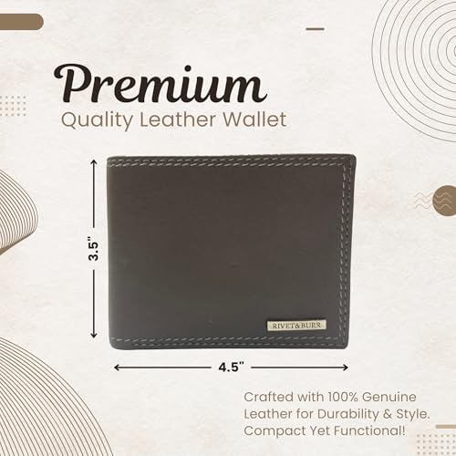 RIVET & BURR Genuine Leather Bifold Wallet for Men with RFID Blocking – Double-Stitched Slim Wallet Gift Set with Keychain, Vanity Tray & Gift Box (Brown)2
