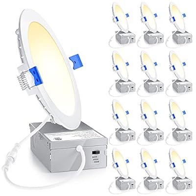 Ensenior 12 Pack 6 Inch Ultra-Thin LED Recessed Ceiling Light with Junction Box, 3000K/4000K/5000K Selectable, 12W 110W Eqv, Dimmable, 1050LM High Brightness - ETL and Energy Star Certified