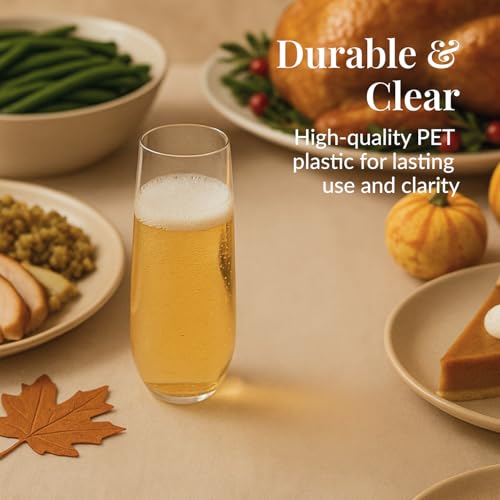 Prestee 24-Pack Stemless Plastic Champagne Flutes - 9 oz Clear Disposable Glasses for Wine, Cocktails, Mimosas - Champagne Flutes Plastic for Parties and Celebrations - Thumbnail 2