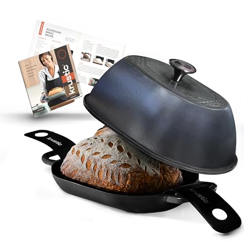 Krustic Enameled Cast Iron Dutch Oven For Professional Sourdough Bread Baking | 5.5 Quart Loaf Size Oval Cookware Pot With Lid | Triple-Layer Enamel Coating Pan With Non Stick Silicone Mat | Black