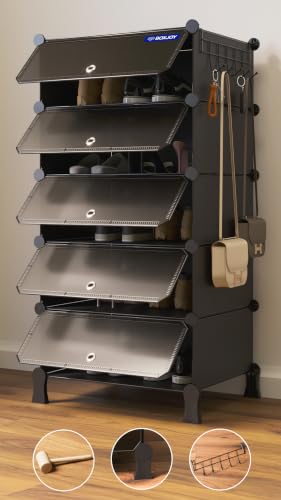 Image of BOXJOY 5 Shelf Shoe Racks with 5 Doors, 5 Hook Steel Holder & Wooden Hammer