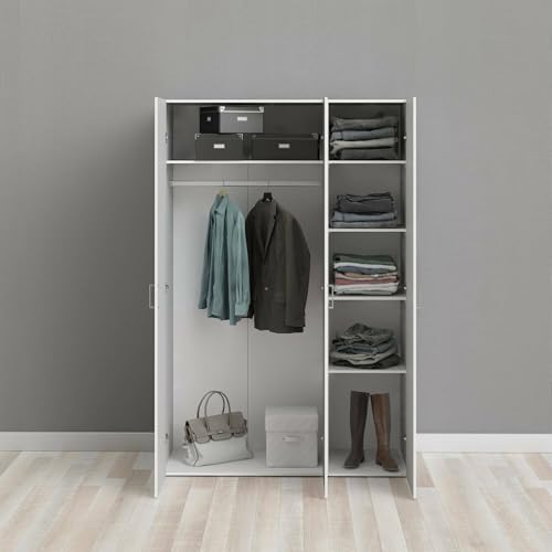 Dmora Armario de Tres Puertas batientes con Cuatro estantes Interiores y Barra para Colgar, Color Blanco, 115 x 175 x 49 cm, 3 4
