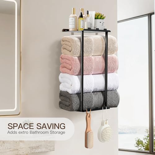 image for KISENG Towel Racks for Bathroom Towel Holder with Shelf & 6 Hooks Wall