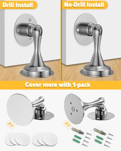 Image of Door Stoppers Magnetic Door Stop - 1 Pack Stainless Steel Powerful Doorstop Catch for Wall Floor - Heavy Duty Hold Door No Drilling Double-Sided Adhesive & Screws Keep Door Open, Silver