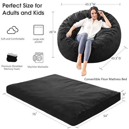 Bean Bag Chairs for Adults - Giant Bean Bag Chair Convertible Bean Bag Bed - Beanbag Chair with Microfiber Cover/Furniture Foam Filler - Floor Couch Sofa in Bedroom Dorm Room - Full Carbon Black